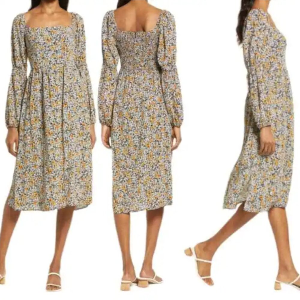 Lost + Wander floral smocked midi dress / anthropologie / M
